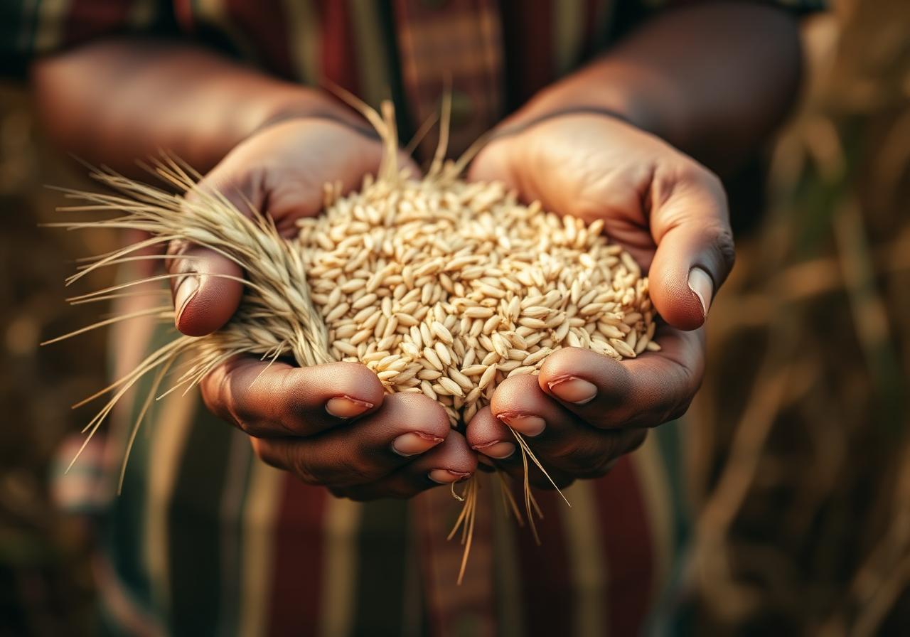 Indian farmer holding harvested grains
