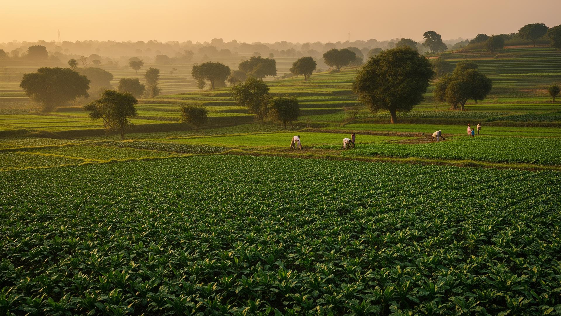 Indian agricultural farms at golden hour